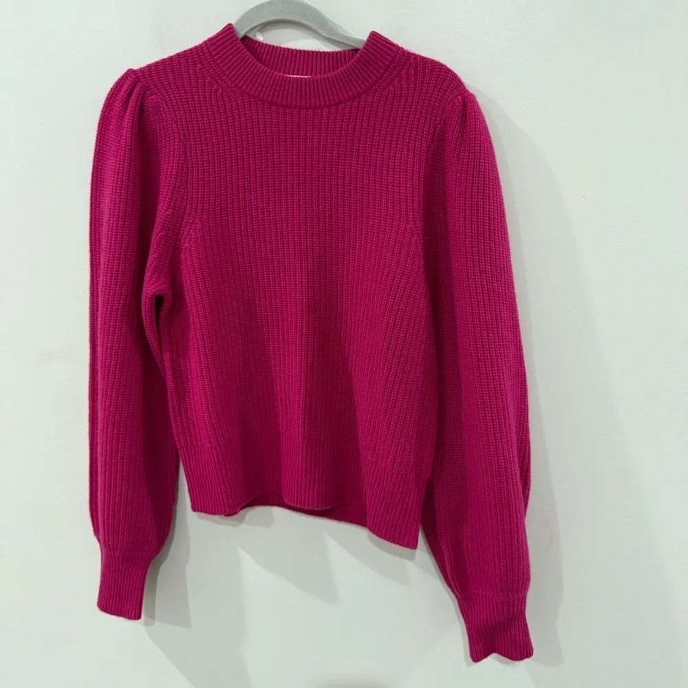 J Crew Sweater 100% Cashmere Puff-Sleeve Crewneck in Fuchsia Magenta